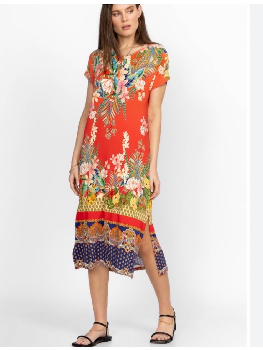 Johnny Was Rapsodia Henley Maxi Dress Cap Sleeves XL Salmon Floral - Picture 5 of 5